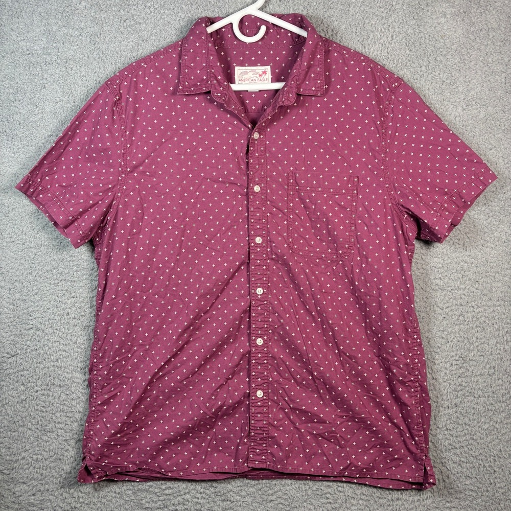 American Eagle Button Down Shirt Men XL Burgundy Cross Print Short Sleeve Casual